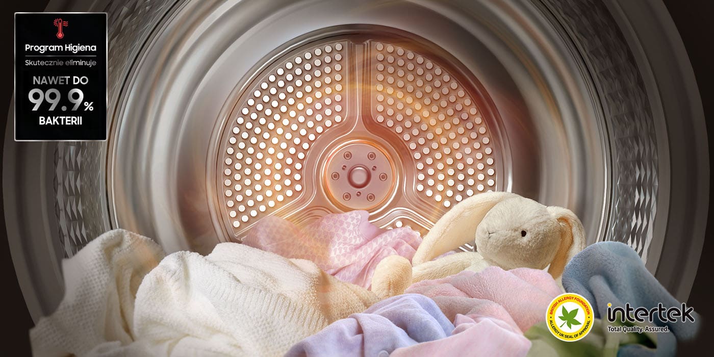 Zdjęcie przedstawia bęben suszarki Bespoke AI 9kg DV90DB8845GEU4, który poprzez program Higiena eliminuje 99,9% bakterii, dbając o ubrania.