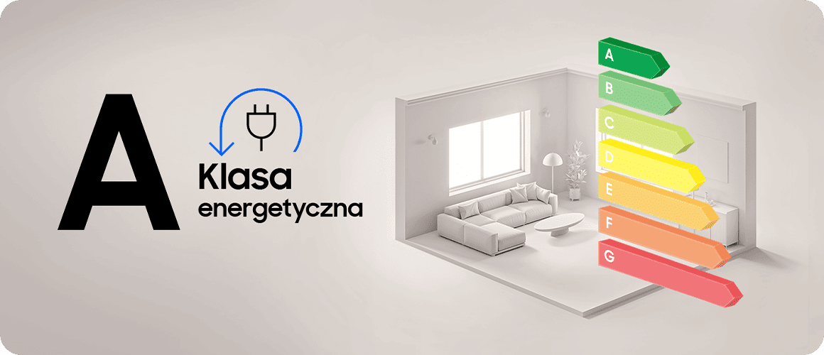 Zdjęcie przedstawia klasę energetyczną A suszarki Bespoke AI 9kg DV90DB8845GEU4, gwarantującą oszczędność energii.