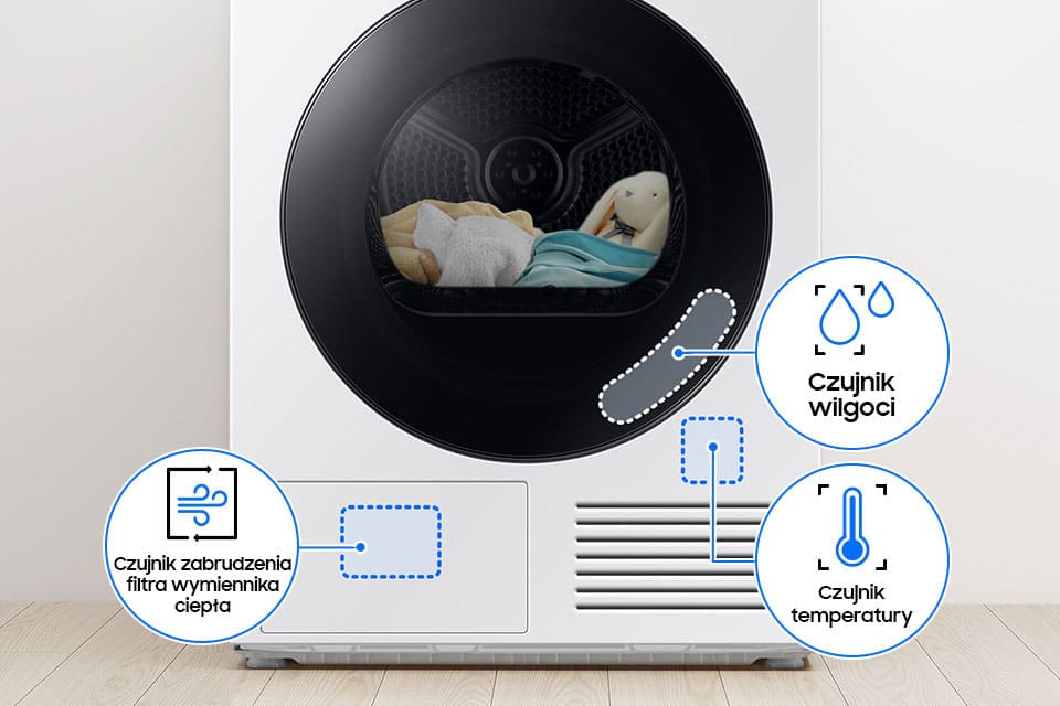 Suszarka Bespoke AI 9kg DV90DB8845GEU4 wyposażona jest w zaawansowane czujniki wilgoci oraz temperatury, które precyzyjnie monitorują proces suszenia.