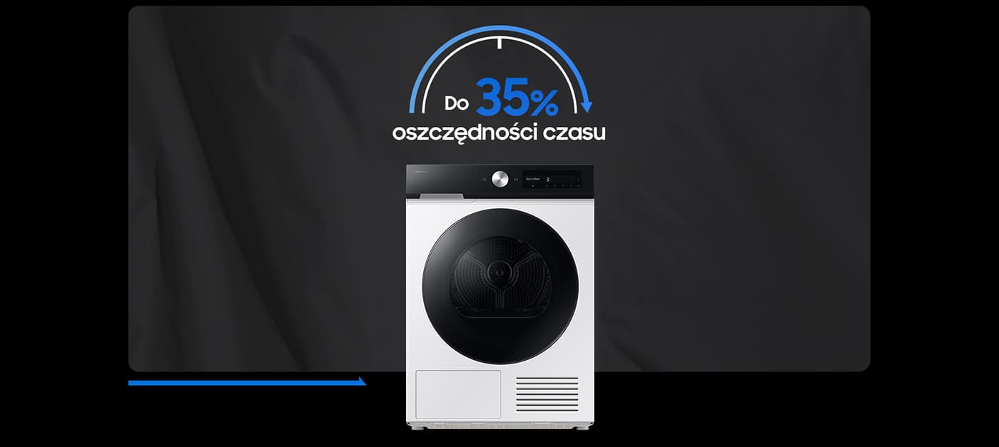 Zdjęcie przedstawia funkcję QuickDrive w suszarce Bespoke AI 9kg DV90DB8845GEU4, która skraca czas suszenia o 35%.