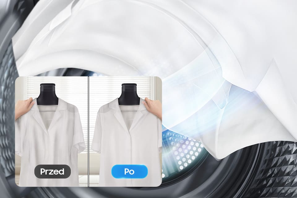 Grafika przedstawia koszulę przed i po suszeniu w suszarce Bespoke AI 9kg DV90DB8845GEU4, pokazującą efekt bez zagnieceń.