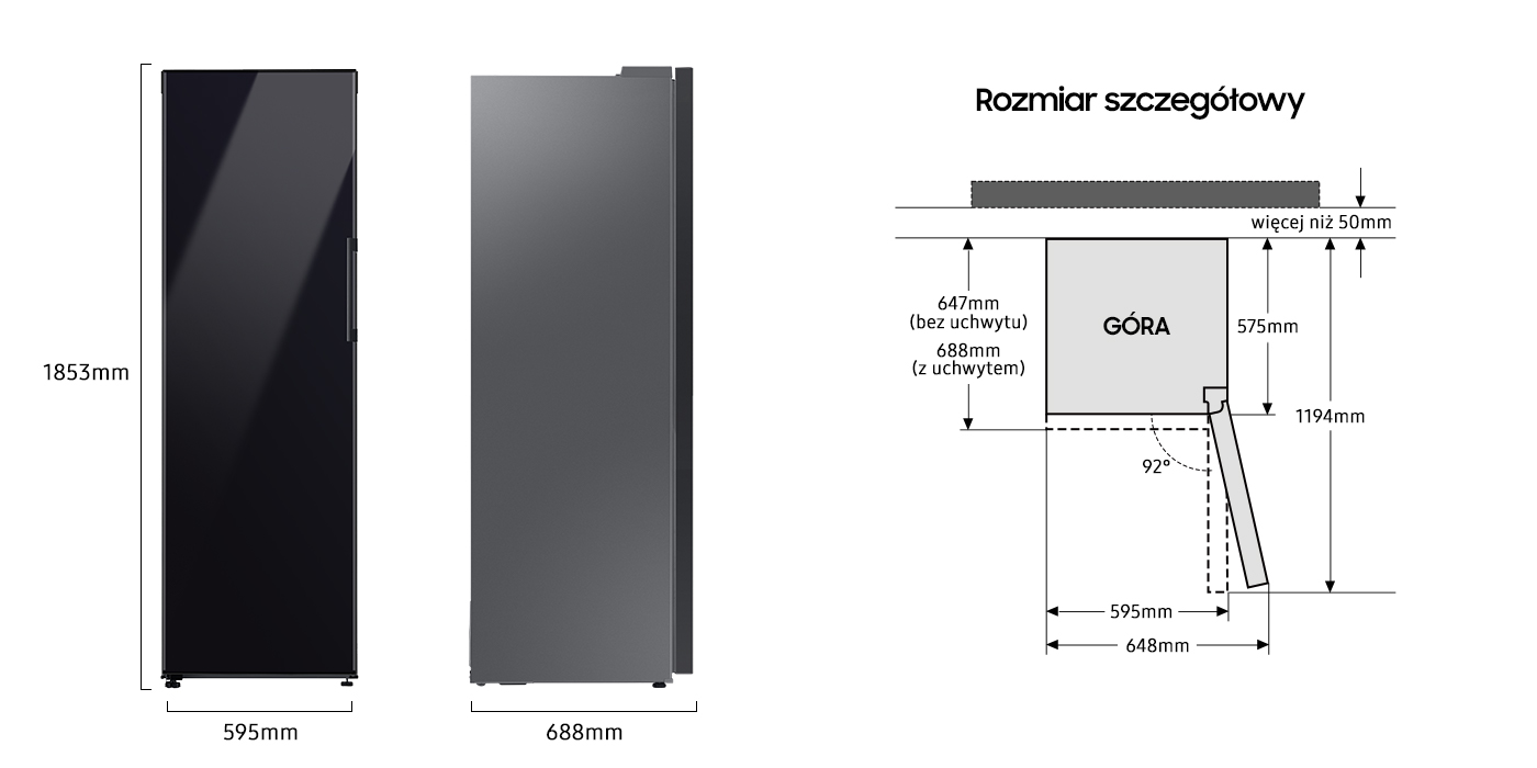 Szczegółowe wymiary zamrażarki Samsung Bespoke RZ32C76CE22