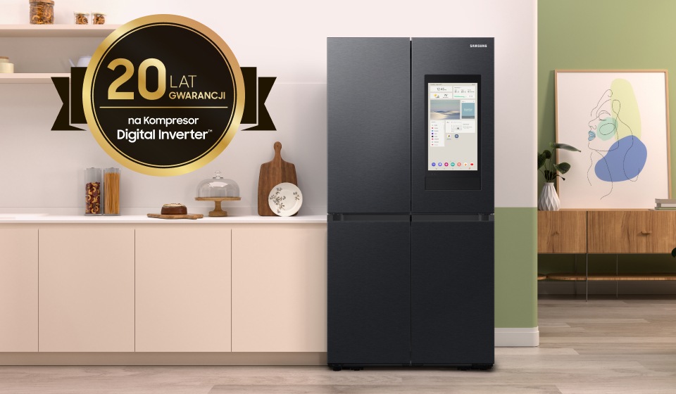 Lodówka Samsung AI Family Hub™ RF65DG9H0EB1EO posiada wydajny, cicho pracujący i bezawaryjny kompresor, który otrzymał aż 20-letnią gwarancję