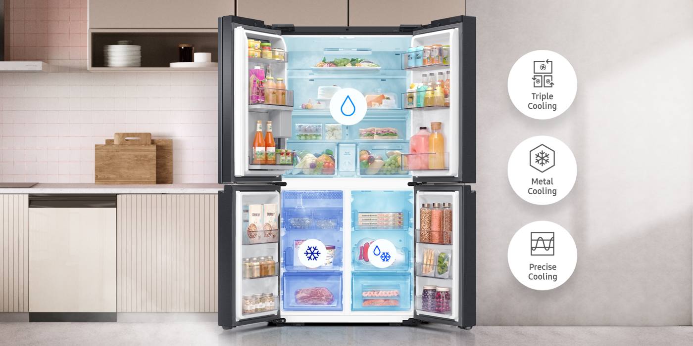 Lodówka Samsung RF65DG9H0EB1EO z technologią Triple Cooling, Metal Cooling i Precise Cooling sprawia, że przechowywane w niej produkty dłużej pozostają świeże