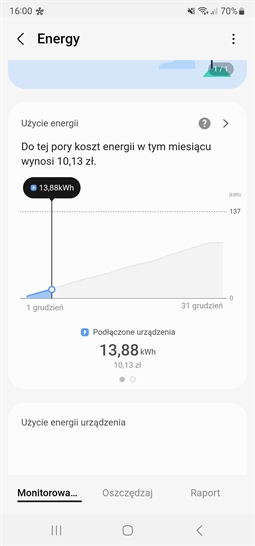 Szacunkowe koszty energii - screen z aplikacji SmartThings - Samsung lodówka RB53DG706CB1