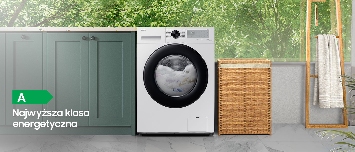 Pralka Samsung EcoBubble WW90CGC04DAH i zieleń za oknem