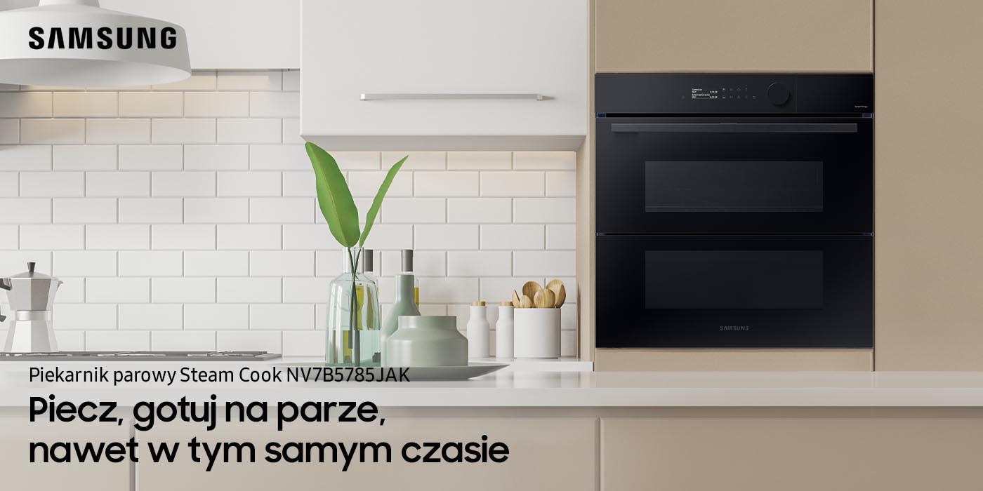 Piekarnik Dual Cook Flex NV7B5785JAK wykończony w eleganckim czarnym szkle dostępny w sklepach Neonet