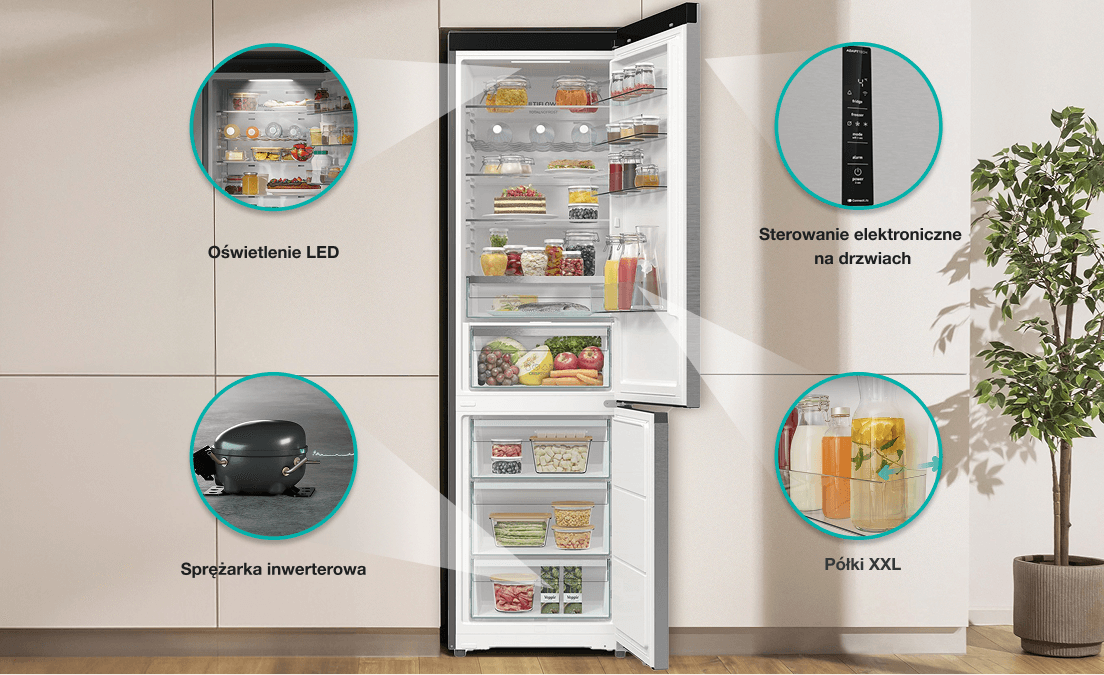 Otwarta lodówka do obudowy Gorenje z wyszczególnionymi elementami: oświetlenie LED, panel sterowania, sprężarka i półki XXL