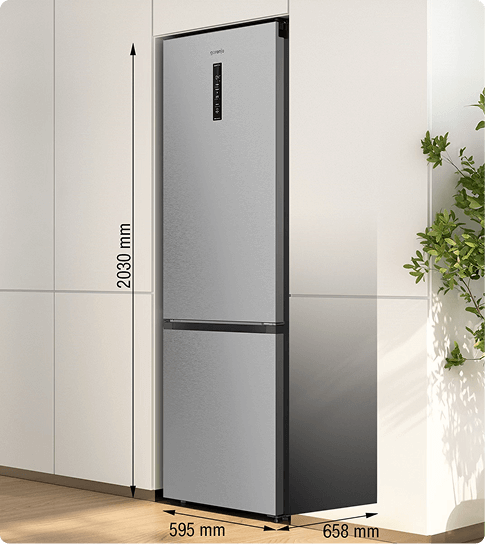 Srebrna lodówka do obudowy Gorenje BigVolume z zaznaczonymi wymiarami 2030 milimetrów, 595 mm oraz 658 mm