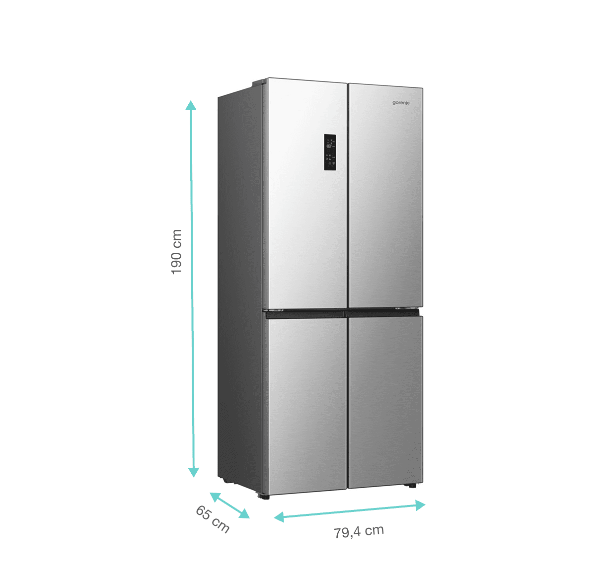 Lodówka Gorenje z zaznaczonymi wymiarami: 190 cm (centrymetrów), 65cm i 79 cm