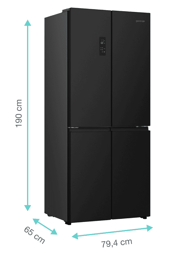 Lodówka Gorenje z zaznaczonymi wymiarami: 190 cm (centrymetrów), 65cm i 79 cm