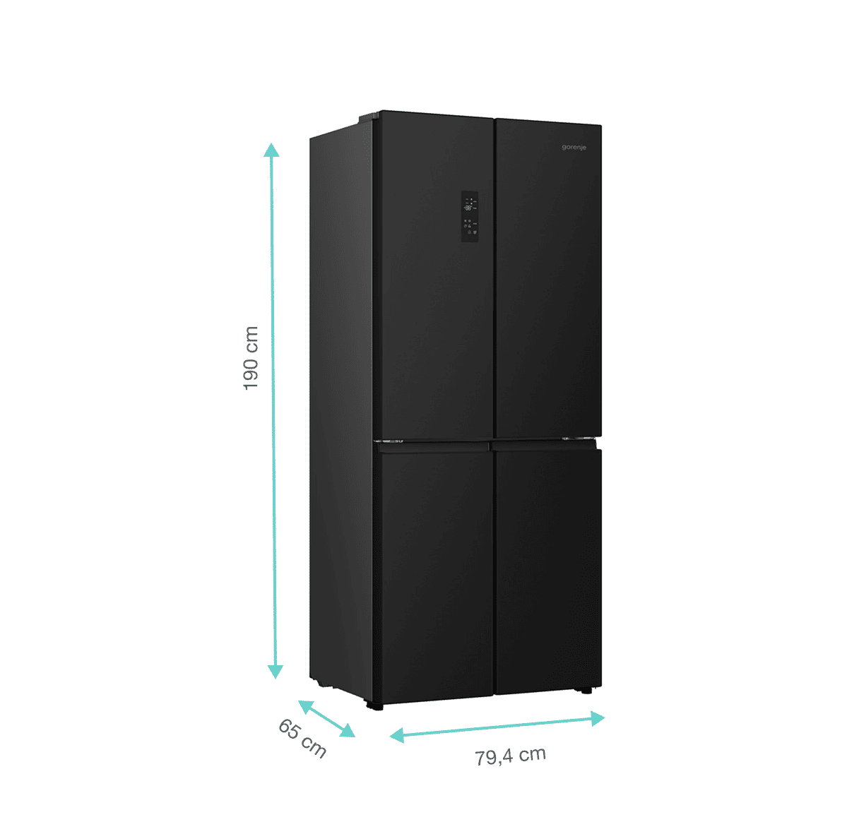 Lodówka Gorenje z zaznaczonymi wymiarami: 190 cm (centrymetrów), 65cm i 79 cm