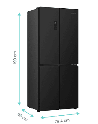 Lodówka Gorenje z zaznaczonymi wymiarami: 190 cm (centrymetrów), 65cm i 79 cm