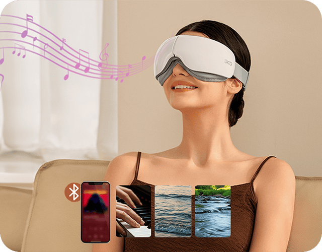 Kobieta relaksuje się przy muzyce, używając białego masażera oczu SKG ES500 z funkcją Bluetooth