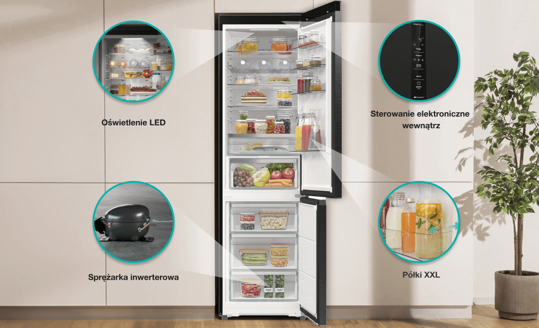 Otwarta lodówka do obudowy Gorenje z wyszczególnionymi elementami: oświetlenie LED, panel sterowania, sprężarka i półki XXL