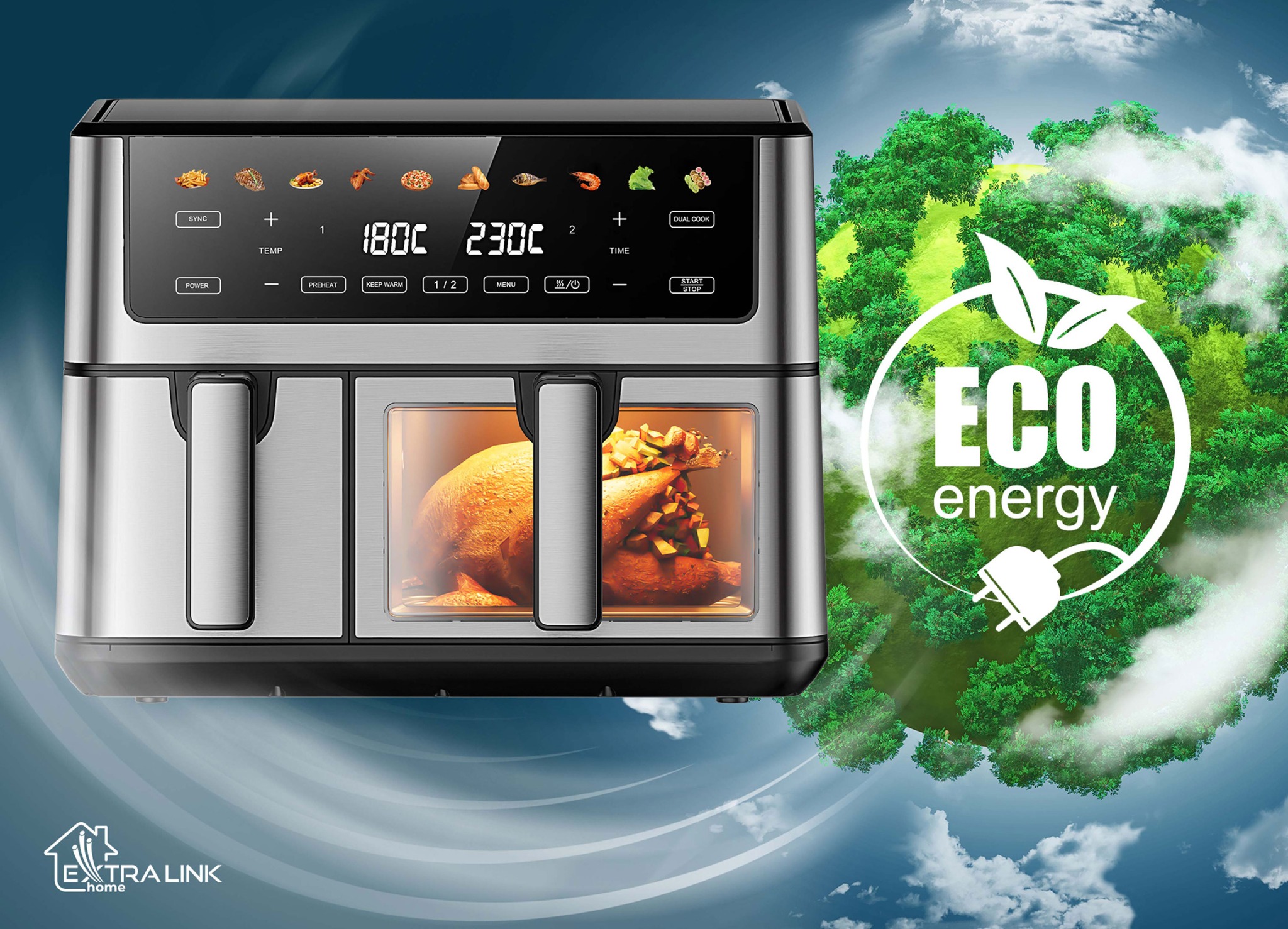Extralink Home Air Fryer SJ-1000 PRO 10L (6,5 L + 3,5 L), 2500 W