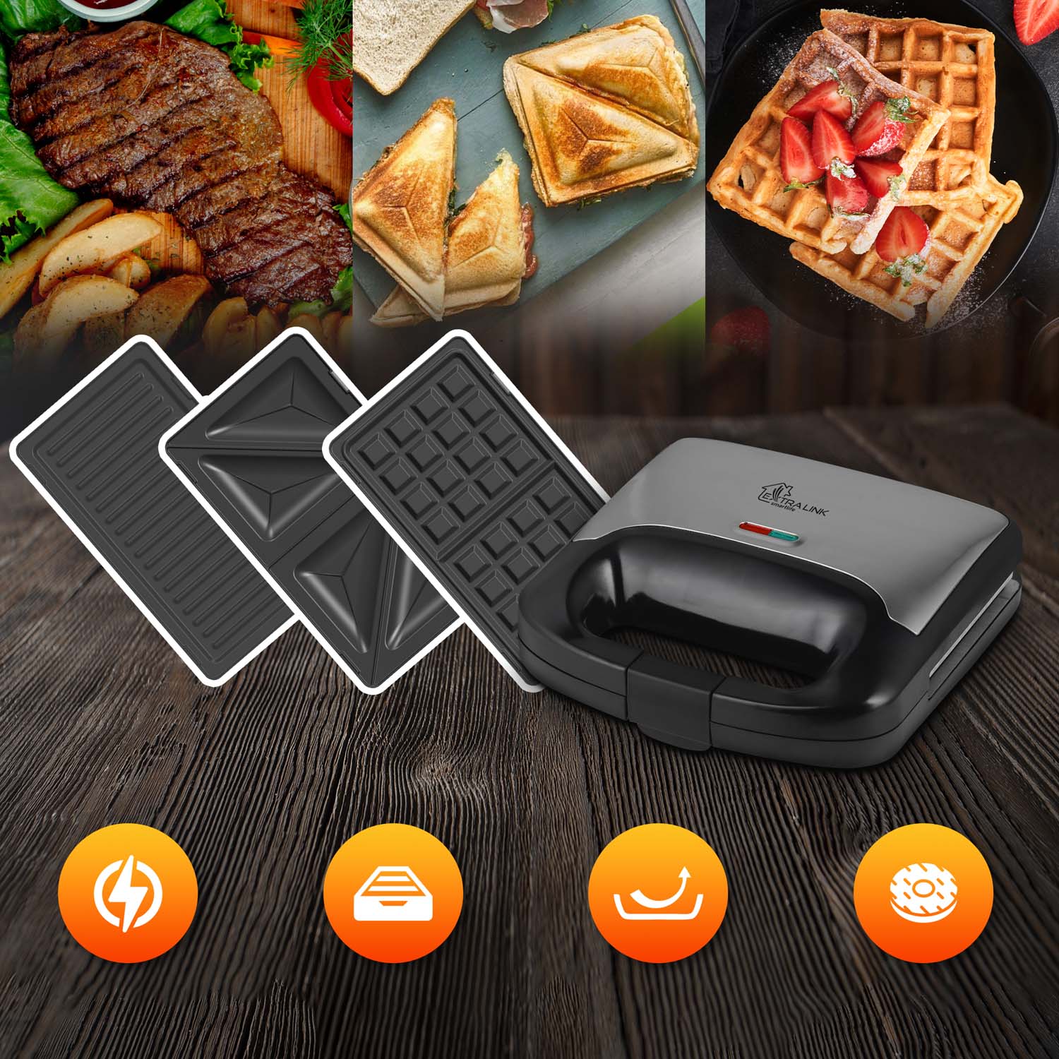 Extralink Home SJ-37A – opiekacz 3 w 1 (toster • grill • gofrownica)