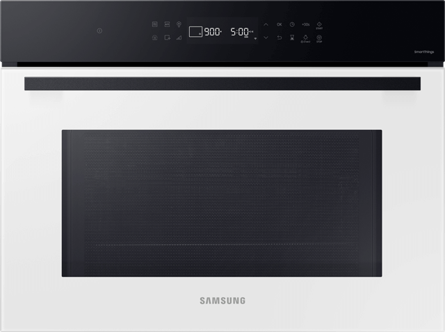 Front kuchenki mikrofalowej do zabudowy Samsung NQ5B4313GBW w kolorze alabastrowej bieli. Urządzenie dostępne jest w ofercie sieci Neonet.
