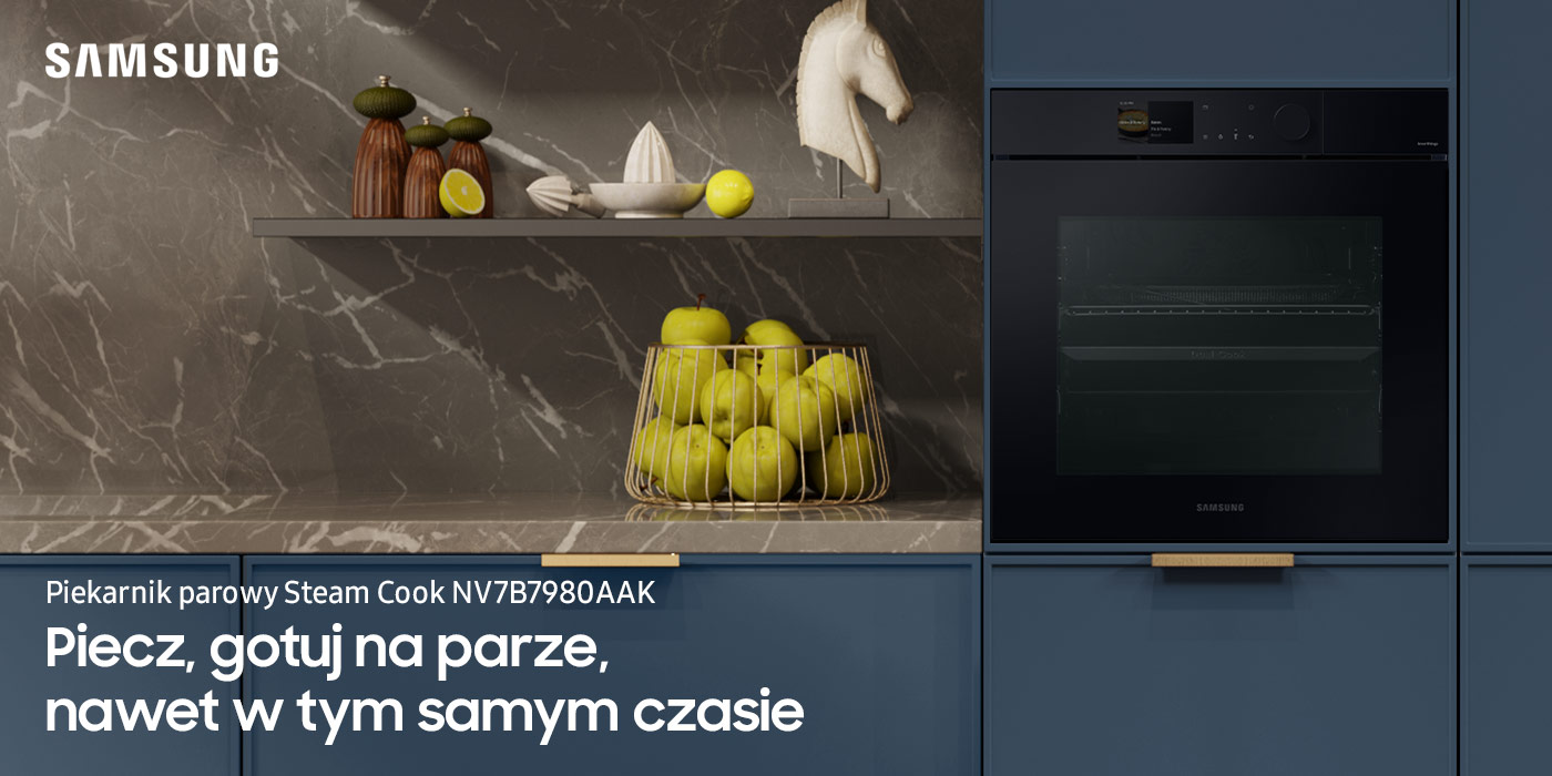 Piekarnik parowy Samsung Steam Cook NV7B7980AAK wstawiony w granatową zabudowę. Urządzenie można kupić w sklepach Neonet