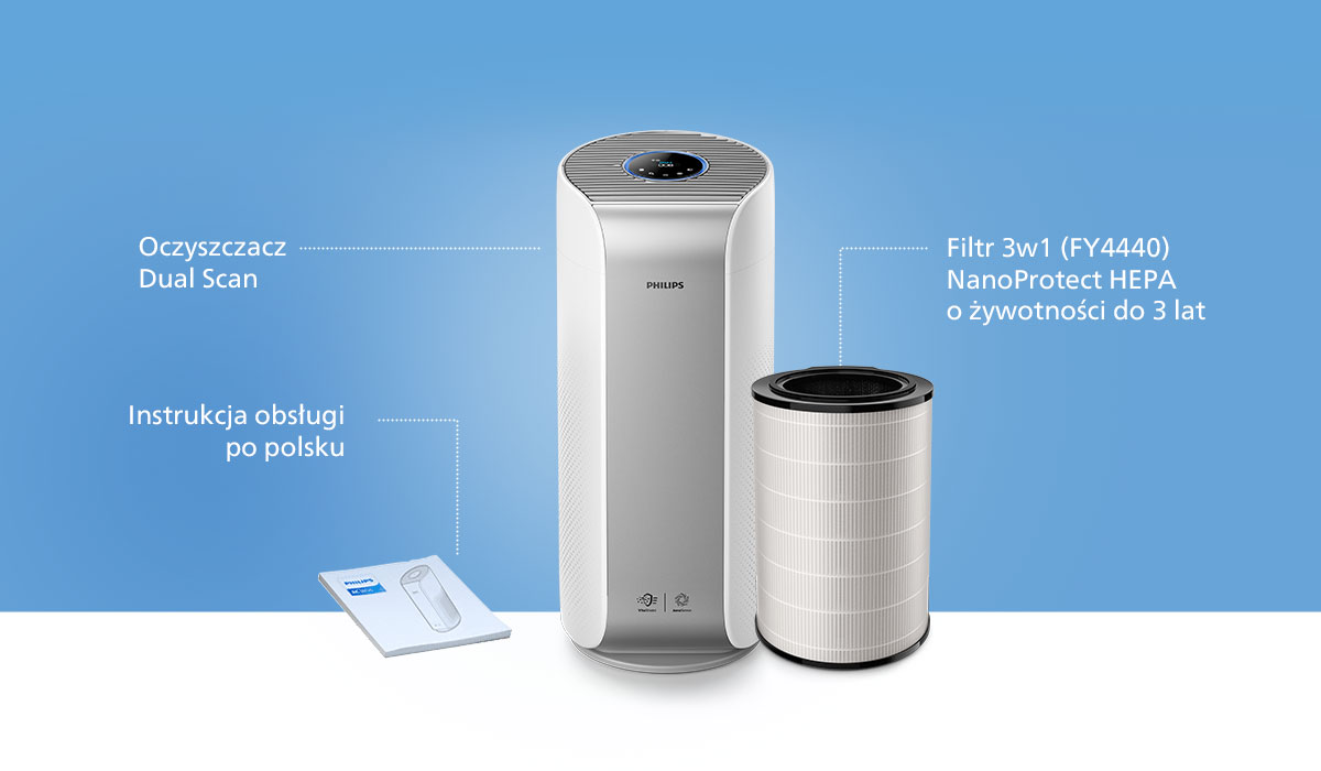 W Opakowaniu modelu Philips Ac3854 znajdziesz także instrukcję obsługi w języku polskim oraz filtr 3w1