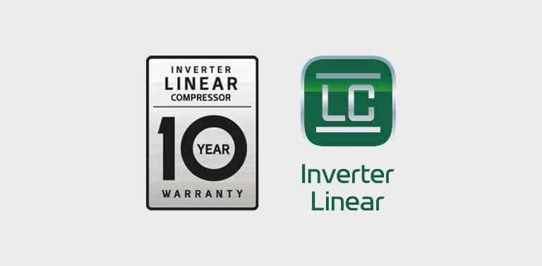 Obok logo Inverter Linear znajduje się logo 10 lat gwarancji na sprężarkę Inverter Linear.