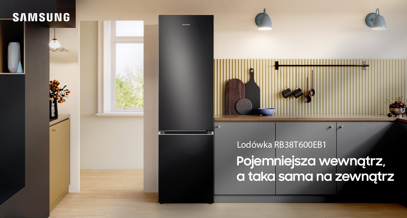 Lodówka Samsung RB38T600EB, która dostępna jest w ofercie Neonet, została zaprezentowana w jasnym pomieszczeniu