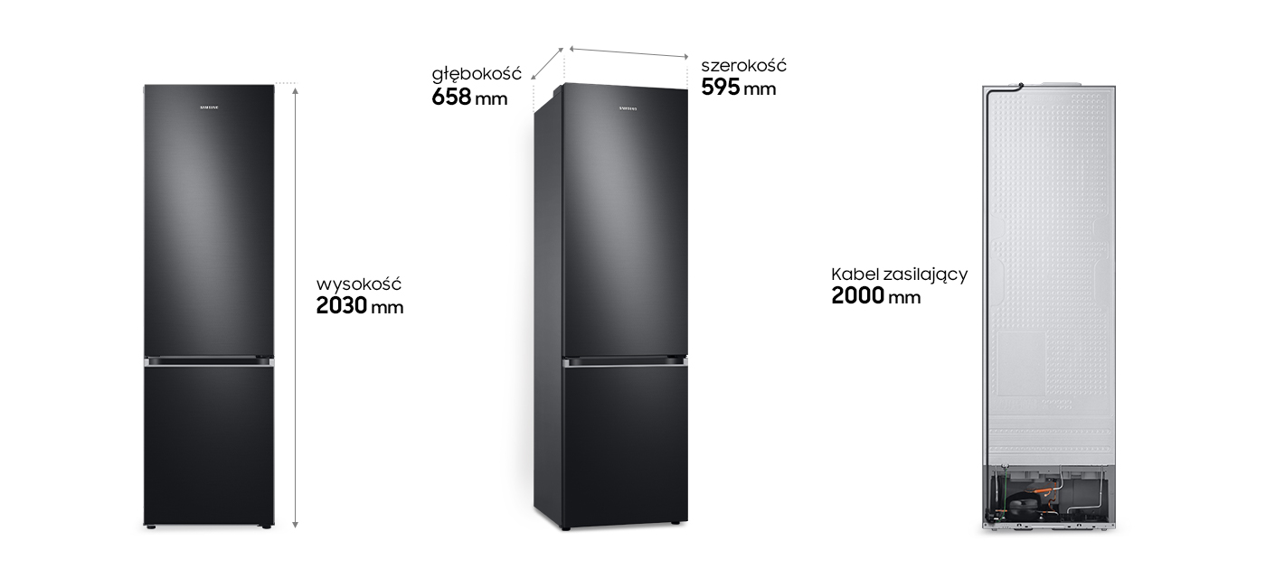 Przedstawienie długości kabla zasilającego oraz wysokości, szerokości i głębokości lodówki Samsung, która dostępna jest w ofercie sklepu Neonet 