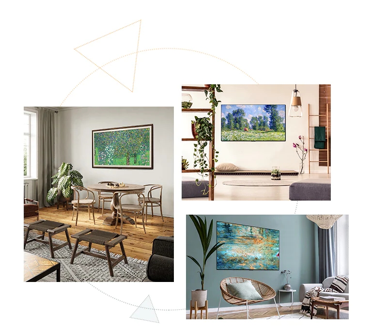 Trzy telewizory Gallery Design, które mogą pełnić rolę dzieła sztuki w dowolnym miejscu w pomieszczeniu.