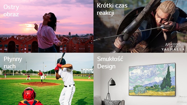 Scena z gry Assassin’s Creed Valhalla z logo Assassin’s Creed Valhalla w prawym dolnym rogu i napisem „Swift Response” w lewym górnym rogu. Obraz pałkarza próbującego uderzyć piłkę w trakcie meczu bejsbolu, z napisem „Smooth Motion” w lewym górnym rogu. Obraz ekranu telewizora powieszonego na ścianie, z napisem „Slim Design” w lewym górnym rogu.