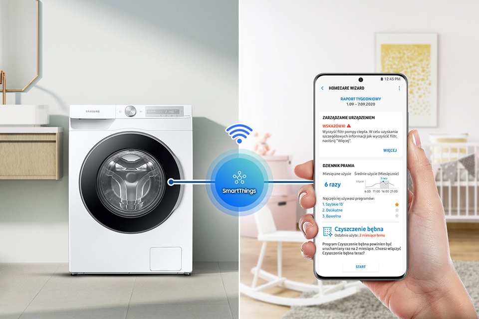 Pralka połączona ze smartfonem Samsung za pomocą aplikacji SmartThings