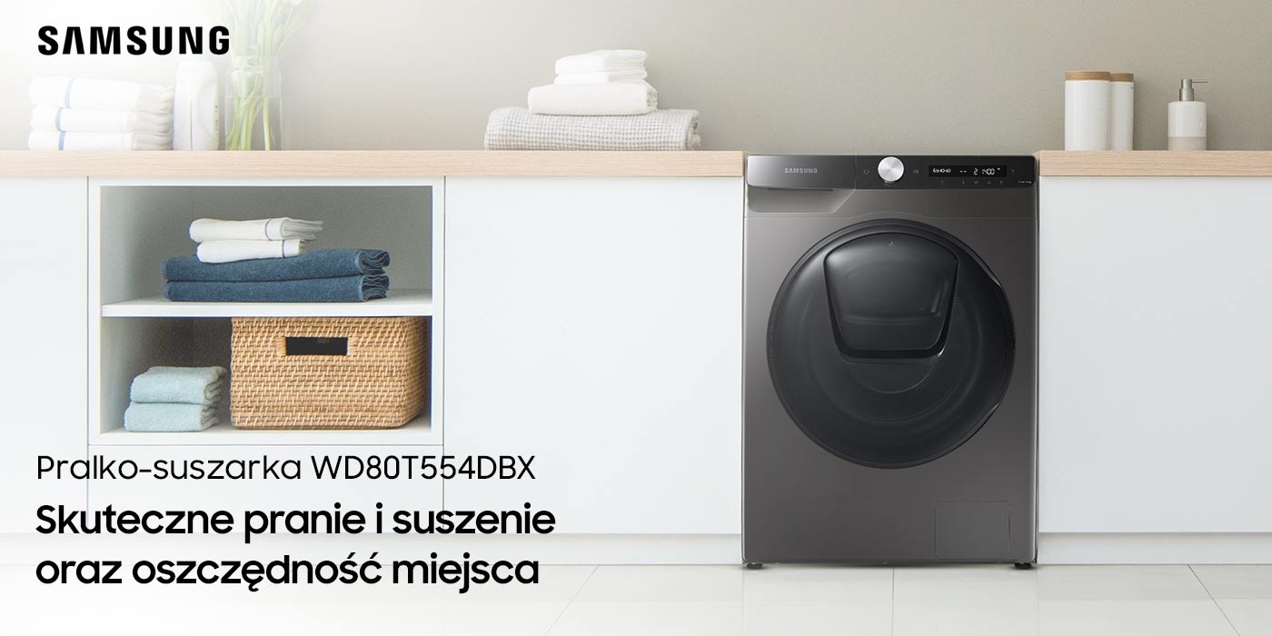 Pralko - suszarka Samsung znajduje się w łazience a obok jest biała szafka 