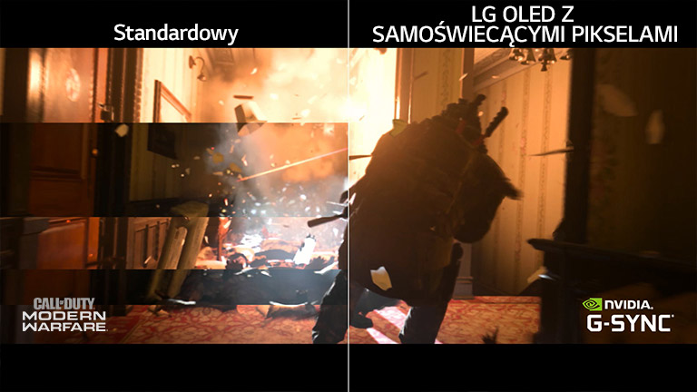 Scena z gry przedstawiona w połowie na ekranie zwykłego telewizora z efektem rozrywania i w połowie na ekranie telewizora LG OLED bez rozrywania