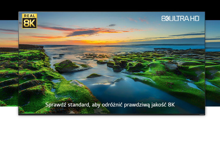 Ekran telewizora przedstawiający szeroką panoramę przyrody oraz logo Real 8K i CTA