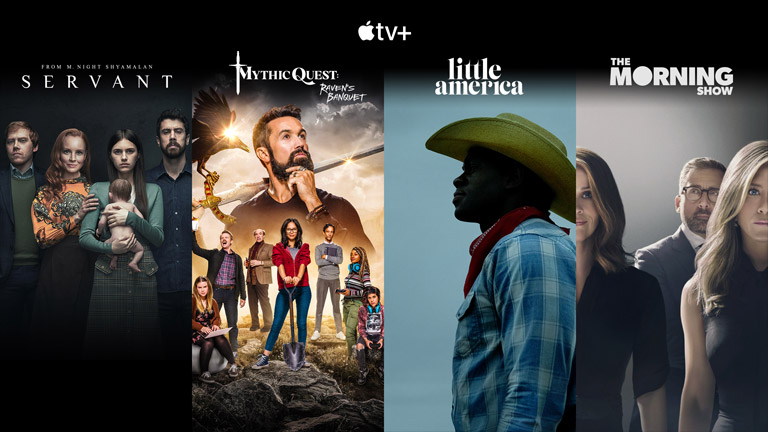 Miniatury ilustrujące cztery najpopularniejsze tytuły Apple TV+