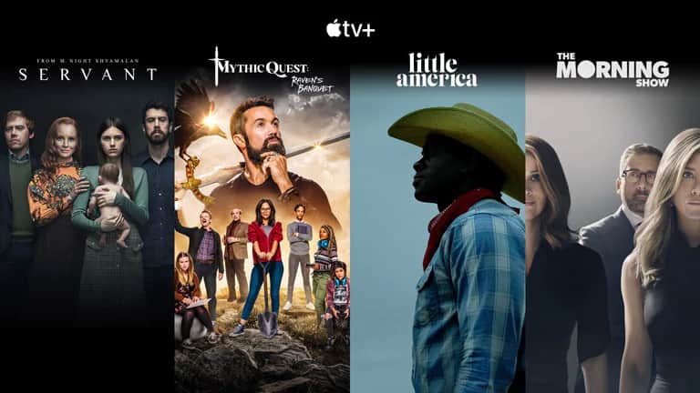 Miniatury ilustrujące cztery najpopularniejsze tytuły Apple TV+