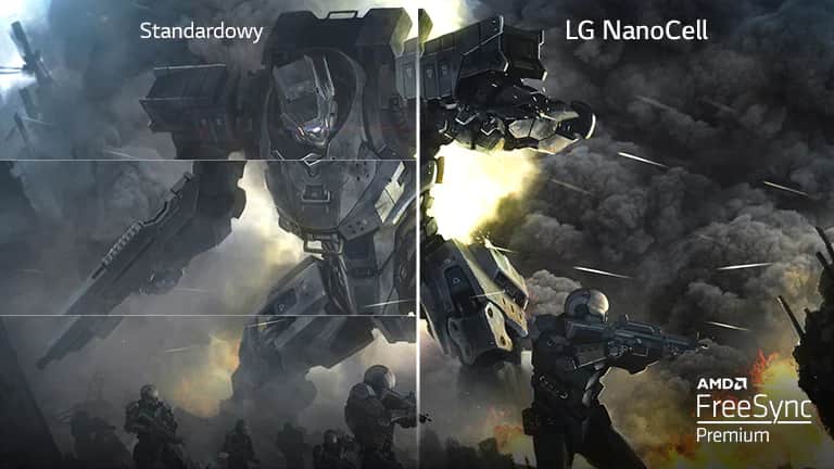 Scena z gry przedstawiona w połowie na ekranie zwykłego telewizora z efektem rozrywania i w połowie na ekranie telewizora LG NanoCell bez rozrywania