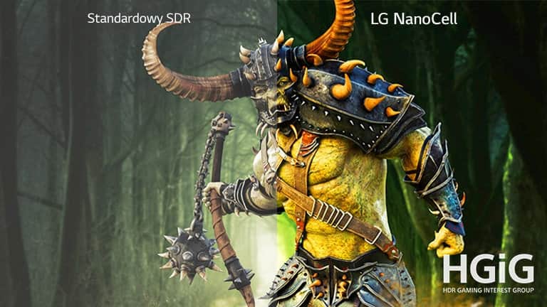 Scena z gry przedstawiająca potwora pokazana w połowie na ekranie zwykłego telewizora i w połowie na ekranie telewizora LG NanoCell z HDR