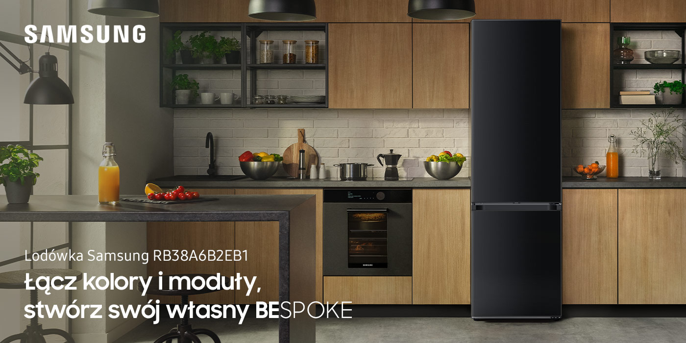 lodówka Samsung BESPOKE rb38a6b2eb1, którą znaleźć można w sklepach Neonet, w nowoczesnej kuchni