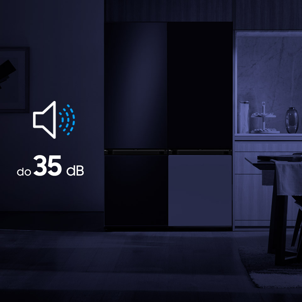 system cool silent zastosowany w lodówce Samsung BESPOKE pozwala na jej cichą pracę o każdej porze dnia i nocy, co przedstawiono na zdjęciu 