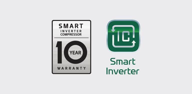 Obok logo Inverter Linear znajduje się logo 10 lat gwarancji na sprężarkę Inverter Linear.