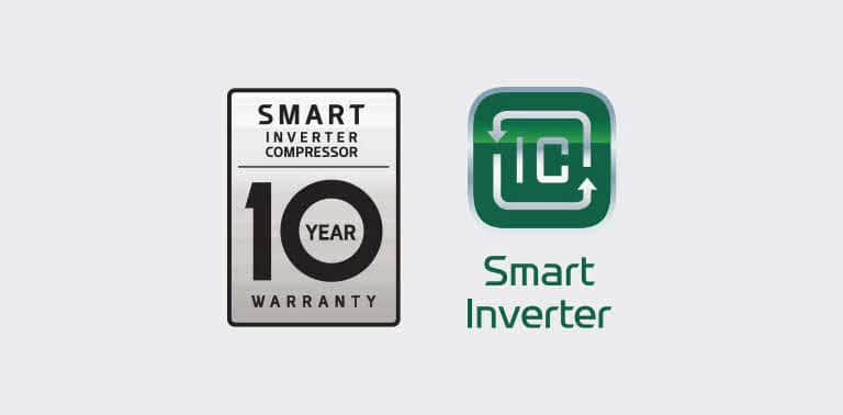 Obok logo Inverter Linear znajduje się logo 10 lat gwarancji na sprężarkę Inverter Linear.