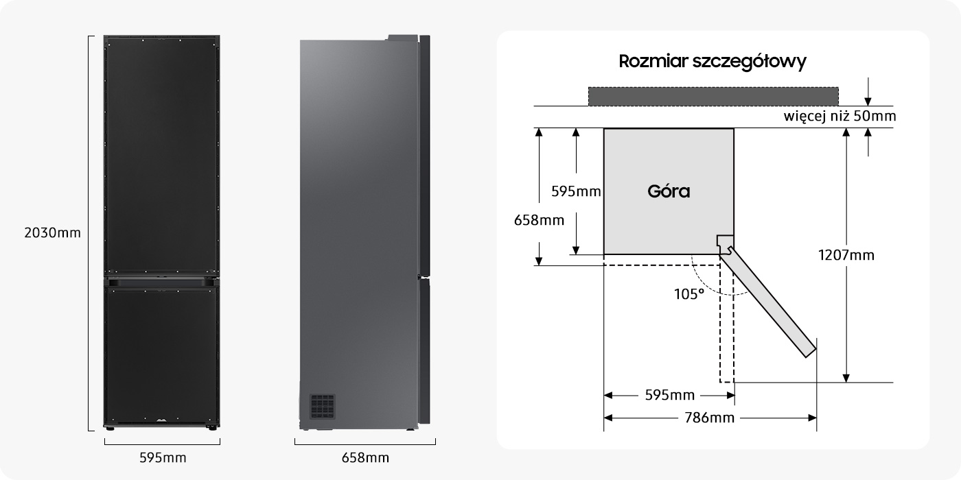 Rysunek techniczny zawiera wymiary chłodziarko-zamrażarki Samsung BESPOKE RB38A7B6DAP/EF dostępnej w sklepach Neonet