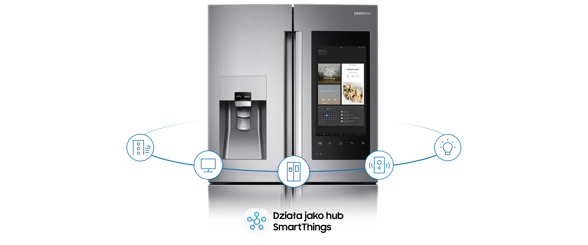 Lodówka posiada aplikację Smart Things dzięki której możliwe jest zarządzanie innymi urządzeniami w domu