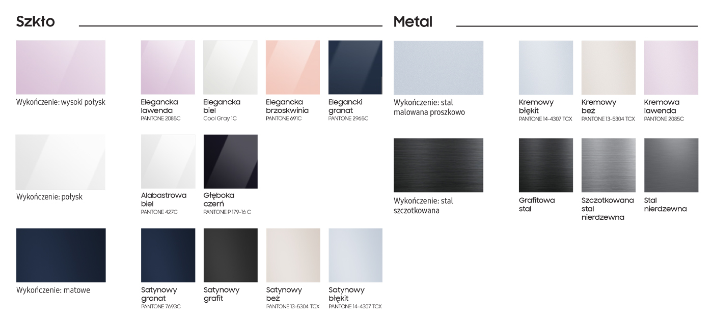 Wzornik prezentuje dostępne wzory i materiały wykończenia paneli Samsung BESPOKE
