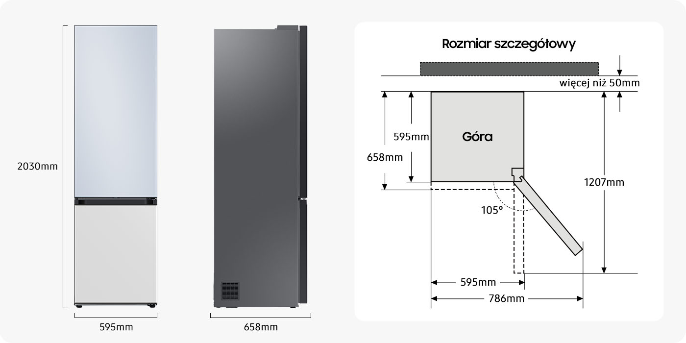 Wymiary lodówki Samsung RB38A7B6348W/EF zostały naniesione na rysunek techniczny