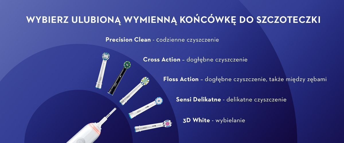 WYBIERZ  ODPOWIEDNIĄ WYMIENNĄ KOŃC&Oacute;WKĘ Precision Clean &ndash; codzienne czyszczenie Cross Action &ndash; dogłębne czyszczenie Floss Action &ndash; dogłębne czyszczenie, także między zębami Sensi Delikatne &ndash; delikatne czyszczenie 3D White &ndash; wybielanie