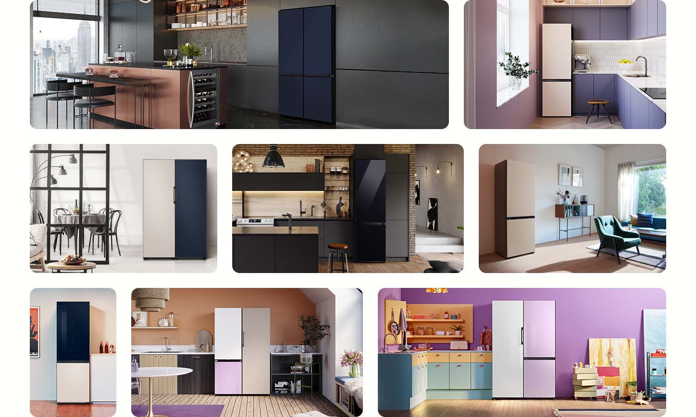 seria fotografii lodówek BESPOKE w różnych aranżacjach 