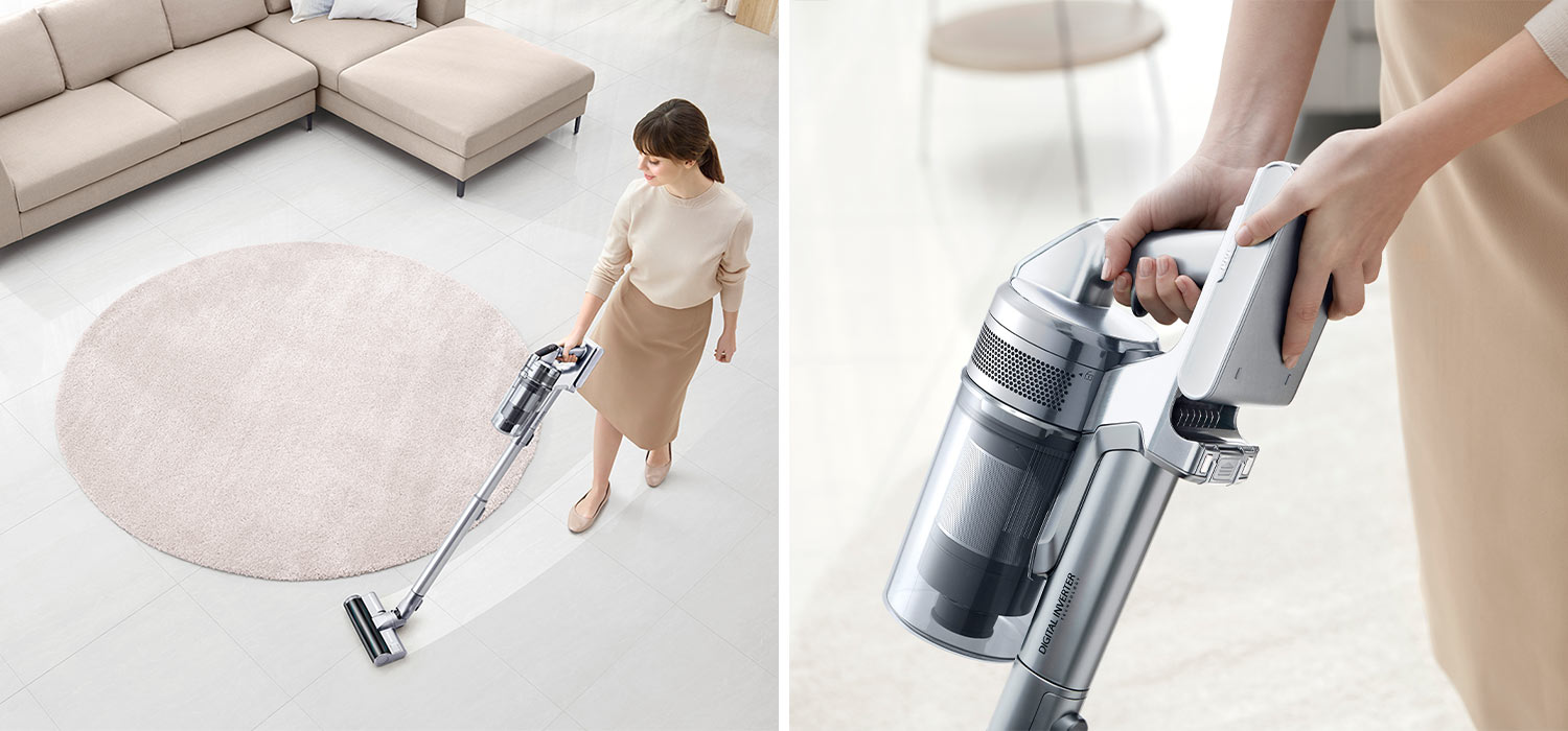 kolaż zdjęć pokazujący pionowy odkurzacz bezprzewodowy Samsung Jet™ Complete VS15T7036R5/GE , który kupić można w sklepach Neonet stacjonarnych oraz online