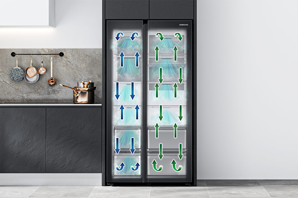 Na zdjęcie lodówki Samsung RS68A8840B1 naniesiono schemat pokazujący działanie podwójnego systemu chłodzenia Twin Cooling Plus