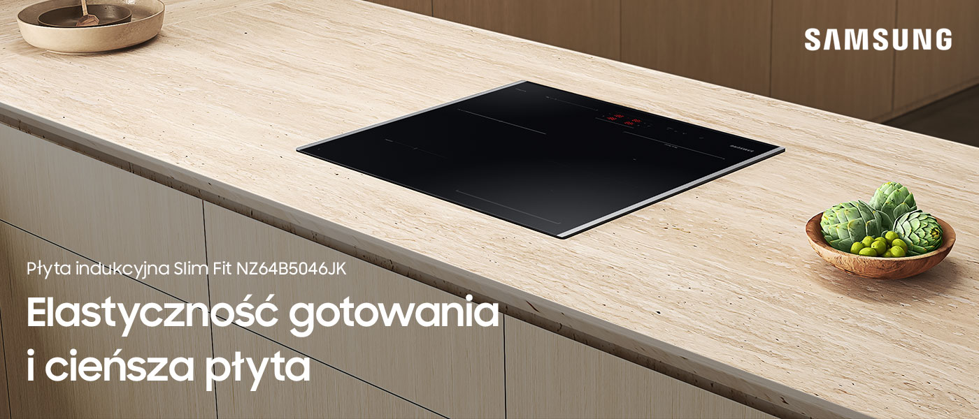 Zdjęcie płyty indukcyjnej Samsung Slim Fit NZ64B5046JK w czarnym kolorze, która jest do kupienia w sklepach Neonet.
